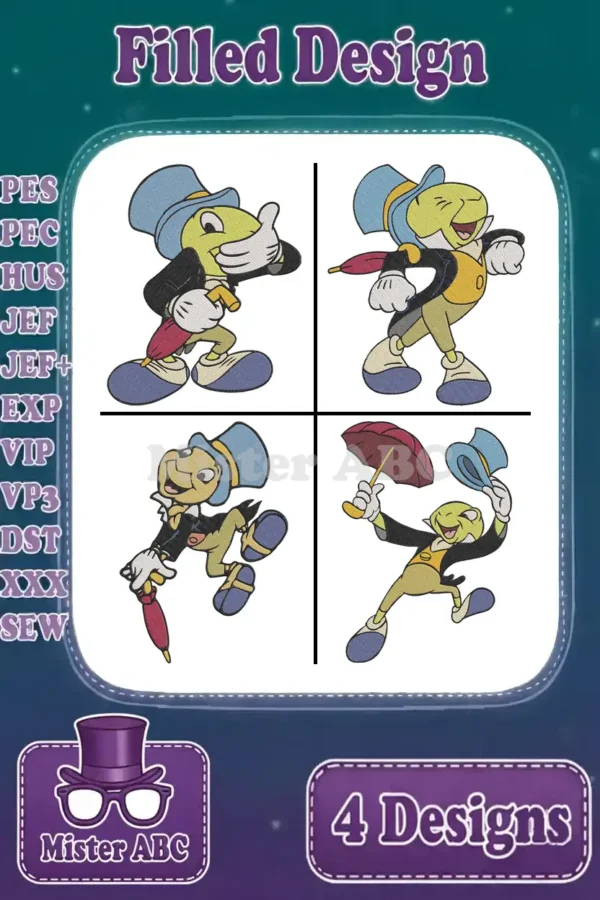Four vibrant Jiminy Cricket filled embroidery designs in various poses, showcasing a versatile bundle for crafters.