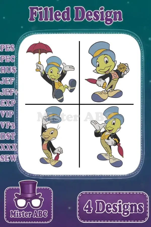 A vibrant display of four unique Jiminy Cricket filled embroidery designs, ready to bring classic charm to your projects.