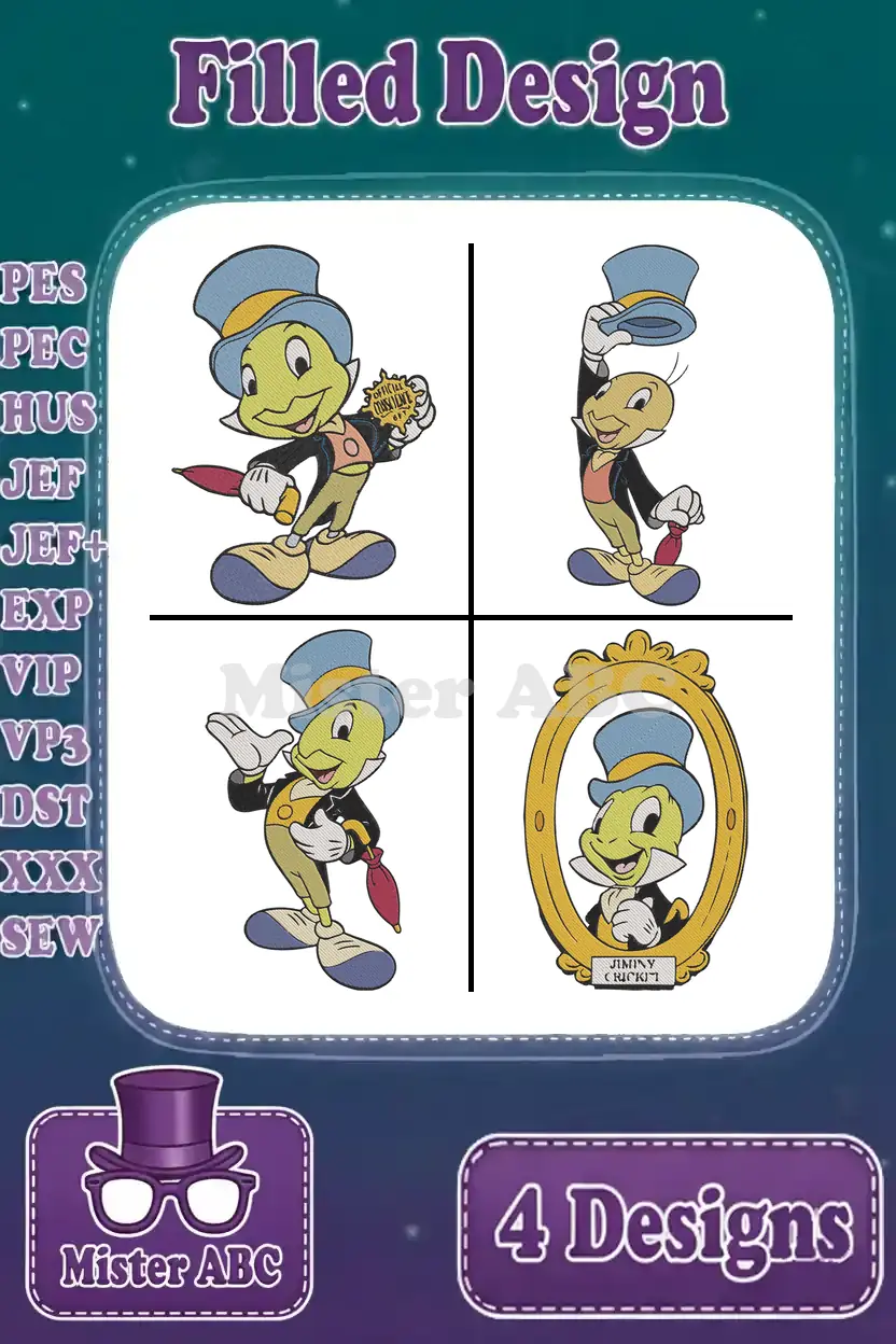 A vibrant collection of four Jimmy Cricket filled embroidery designs, showcasing different poses, ready for diverse creative projects.