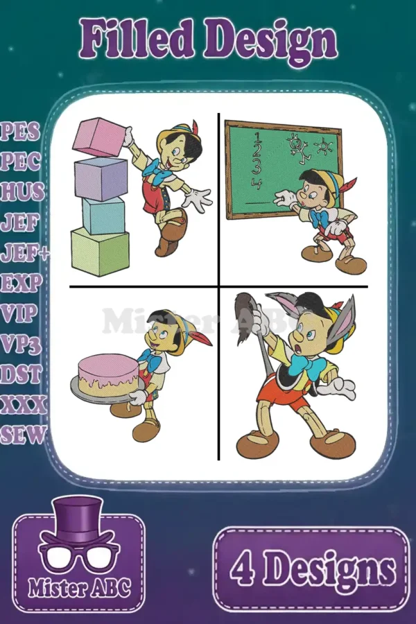 Four vibrant filled embroidery designs featuring Pinocchio: stacking blocks, at a chalkboard, with a cake, and donkey transformation.