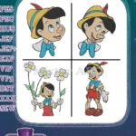 Pinocchio Puppet Boy Portraits With Flower And Various Standing Expressions - Filled Embroidery Design - Instant Download