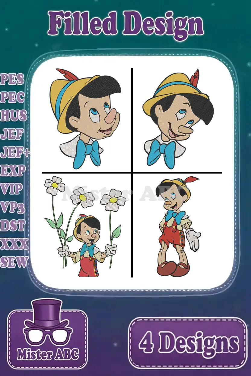 Main product image displaying four distinct Pinocchio filled embroidery designs, showcasing various poses and expressions, ready for diverse crafting projects.