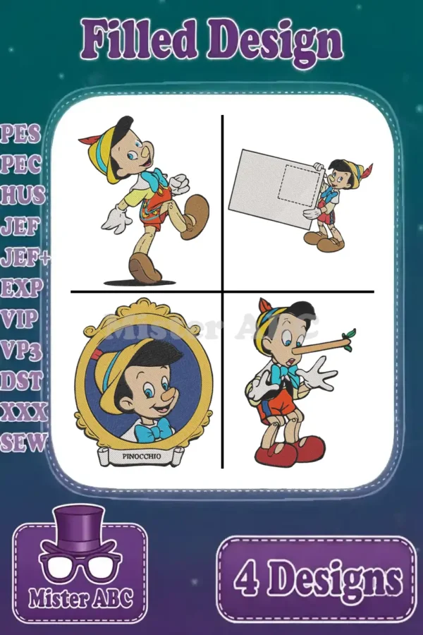 Four delightful Pinocchio filled embroidery designs, showcasing the beloved character in various poses and a framed portrait.