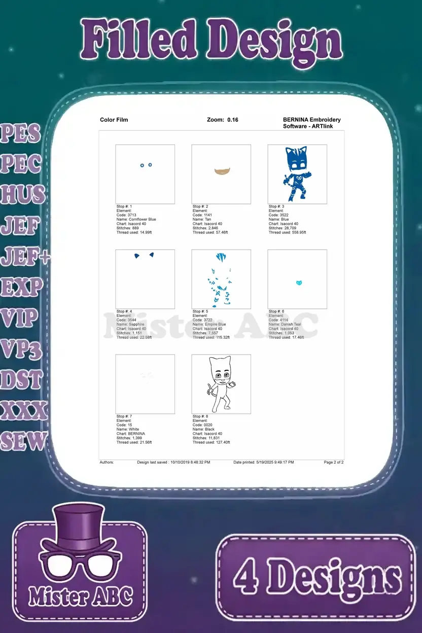 Color film sequence for Catboy's first embroidery design, illustrating the seven distinct stitching steps and thread usage.