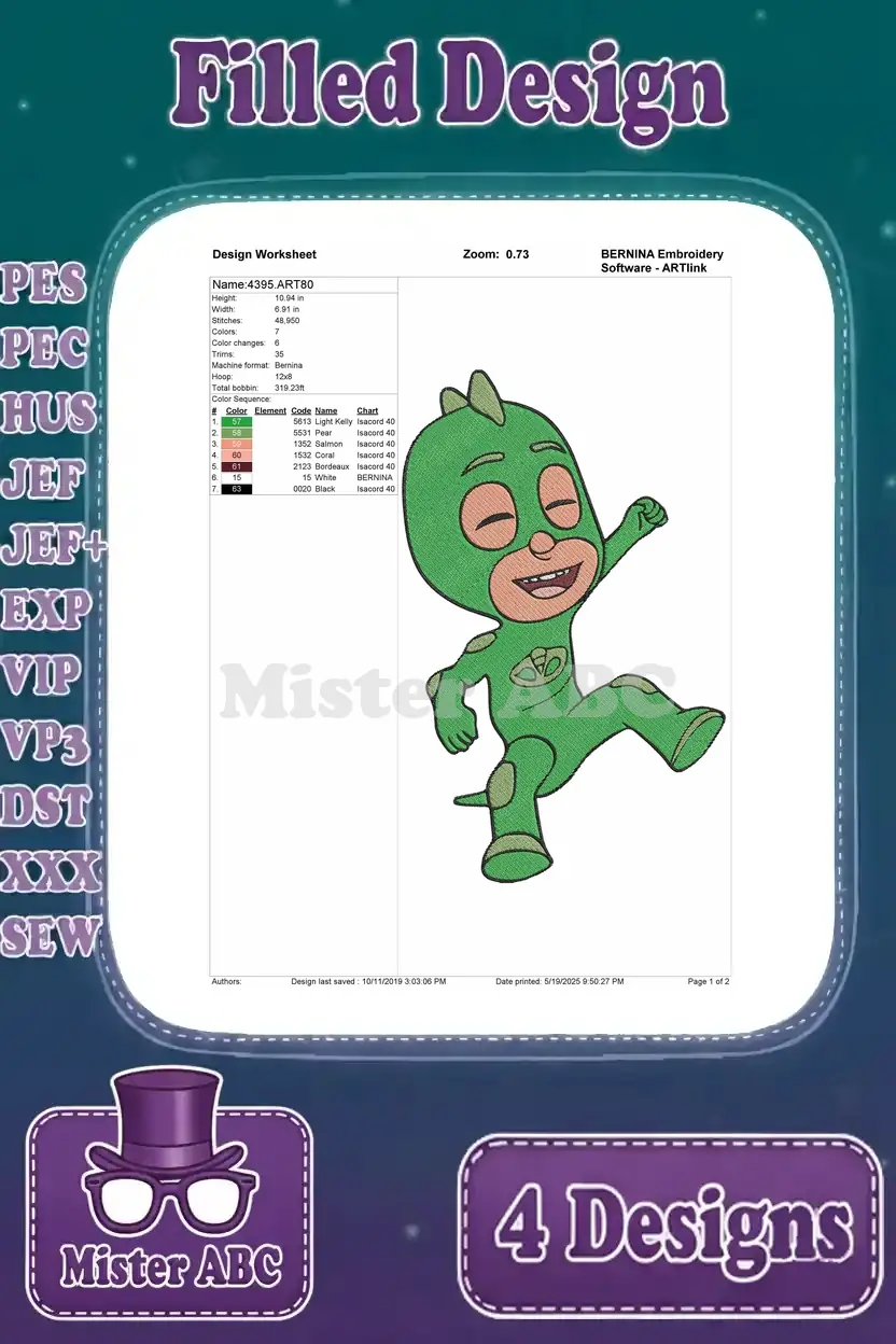 Detailed design worksheet for the Gekko PJ Masks filled embroidery, showing stitch count, colors, and thread codes.