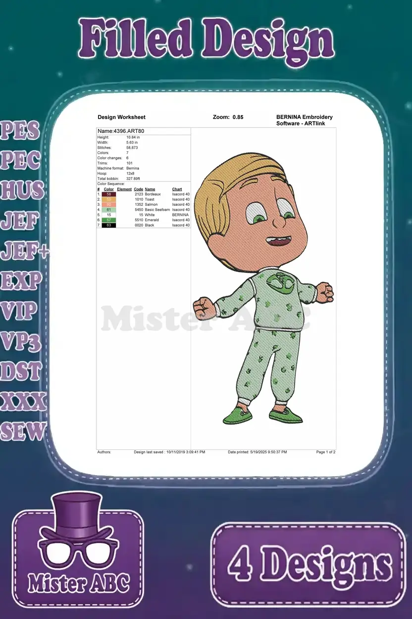 Detailed design worksheet for Greg in PJ Masks pajamas, outlining stitch count, color changes, and thread specifics.