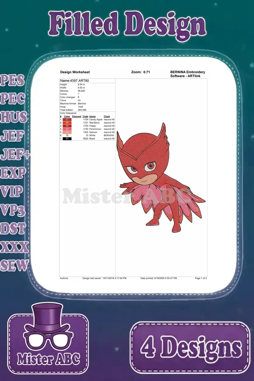 Design worksheet for Owlette in a dynamic flying pose, detailing stitch count, color changes, and thread information.