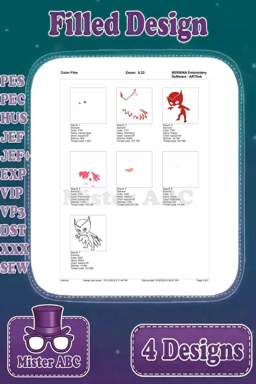 Color film for Owlette's flying pose embroidery, visually breaking down the intricate stitching order by color.