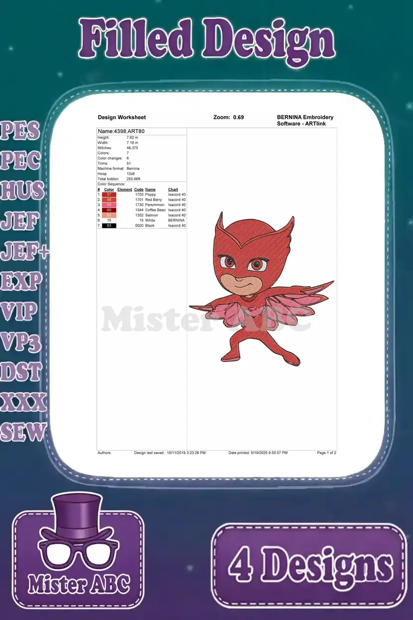 Design worksheet for Owlette in a standing pose, detailing stitch count, color changes, and thread information.