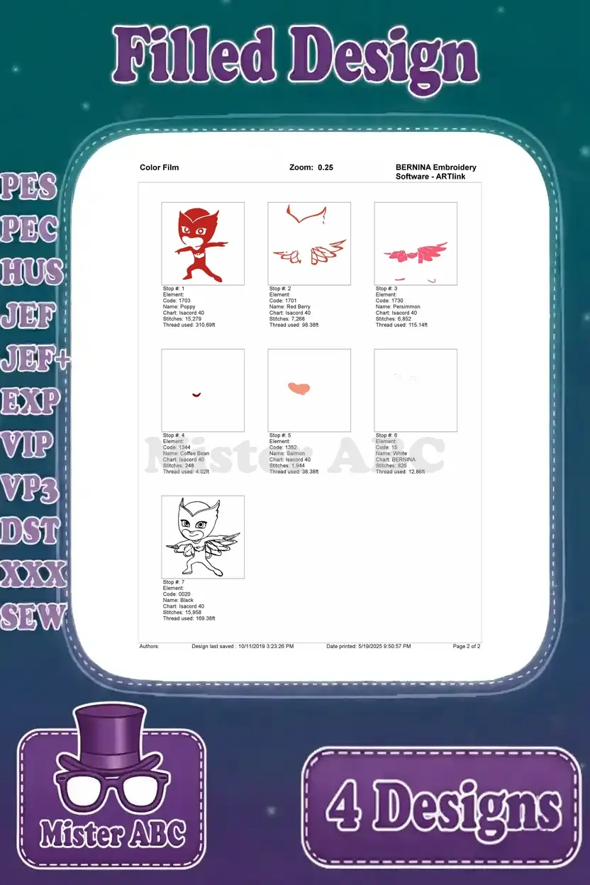 Color film for Owlette's standing pose embroidery, illustrating the step-by-step thread application and sequence.