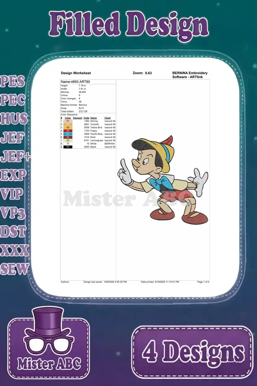 Detailed design worksheet for the Pinocchio pointing pose, showing stitch count, color sequence, and thread chart.