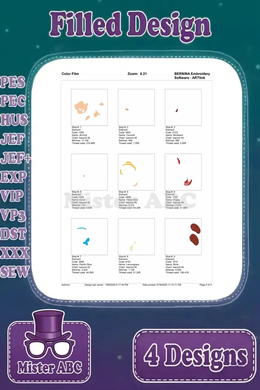 Color film breakdown for Pinocchio laughing and falling, detailing thread colors and stitch sequence for embroidery.