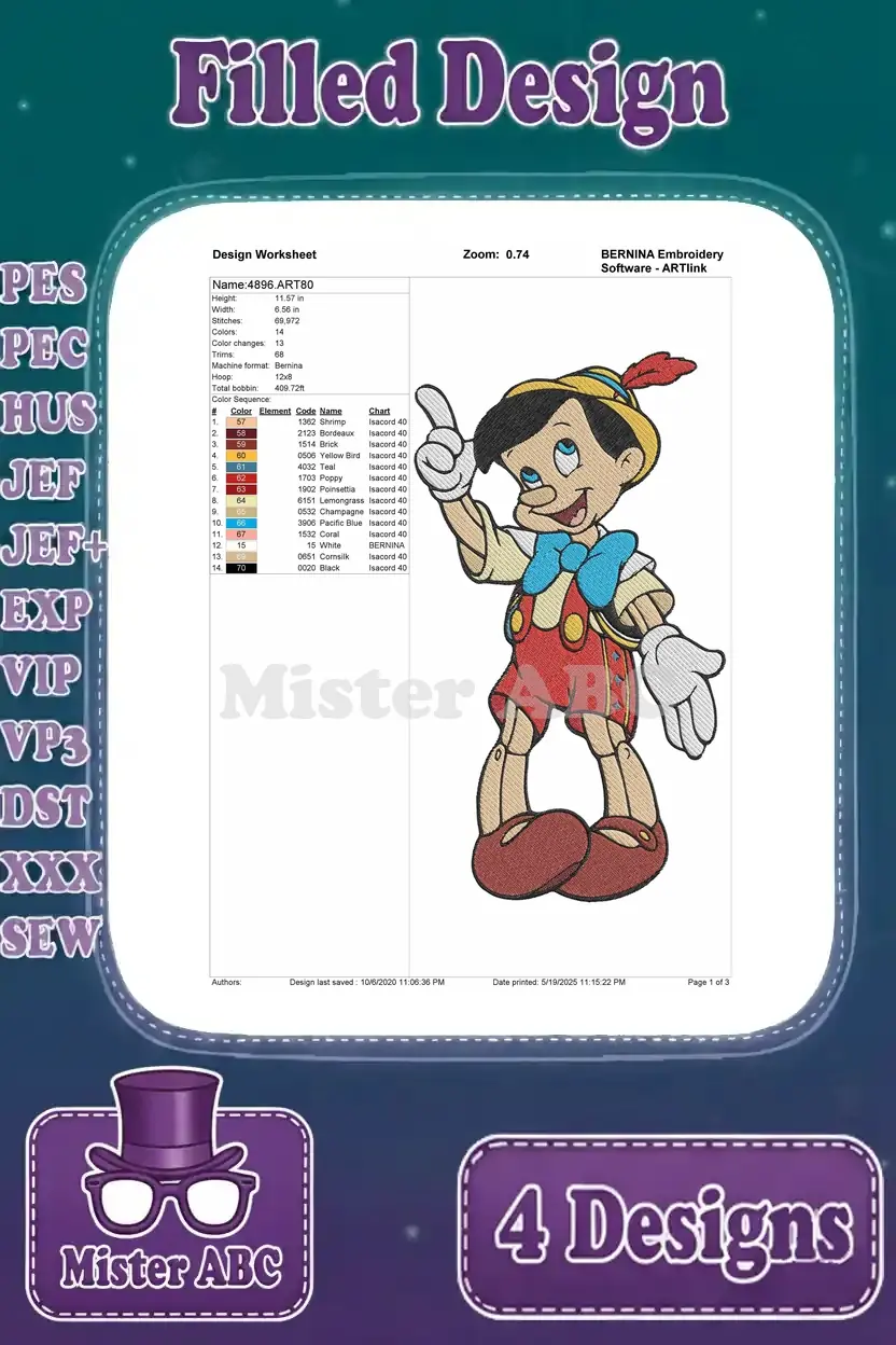 Detailed design worksheet for the Pinocchio standing with arm up pose, showing stitch count, color sequence, and thread chart.