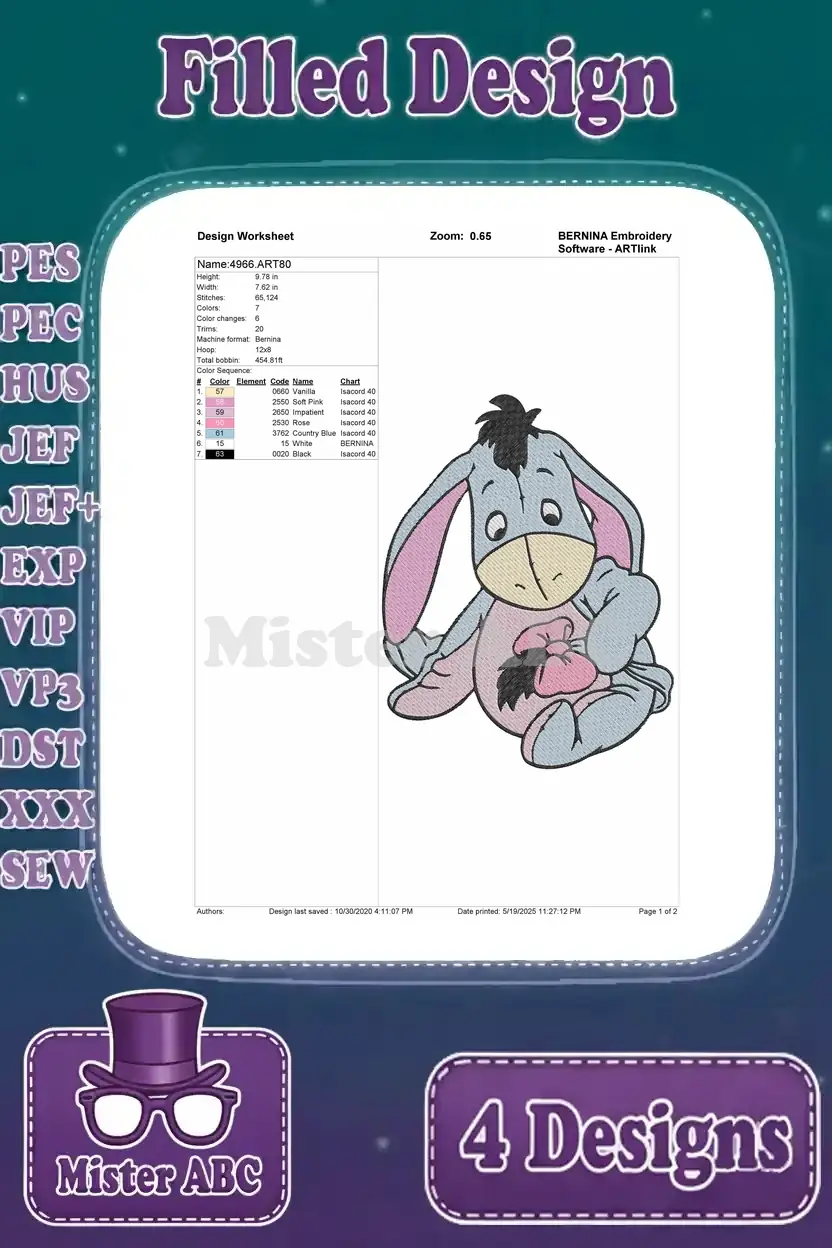 Design worksheet for a filled embroidery of Eeyore sitting with his pink bow, detailing stitch count and colors.