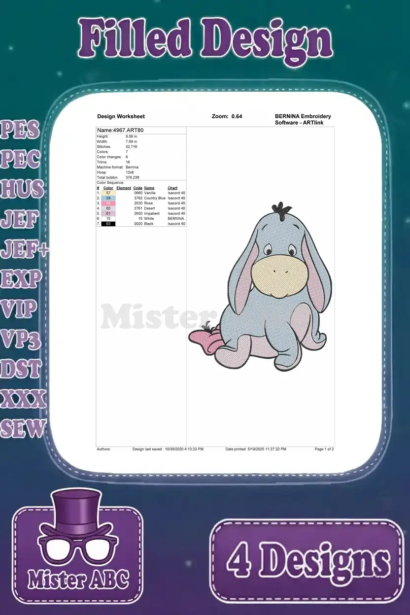 Design worksheet for a filled embroidery of Eeyore sitting, facing right, showing stitch counts and colors.