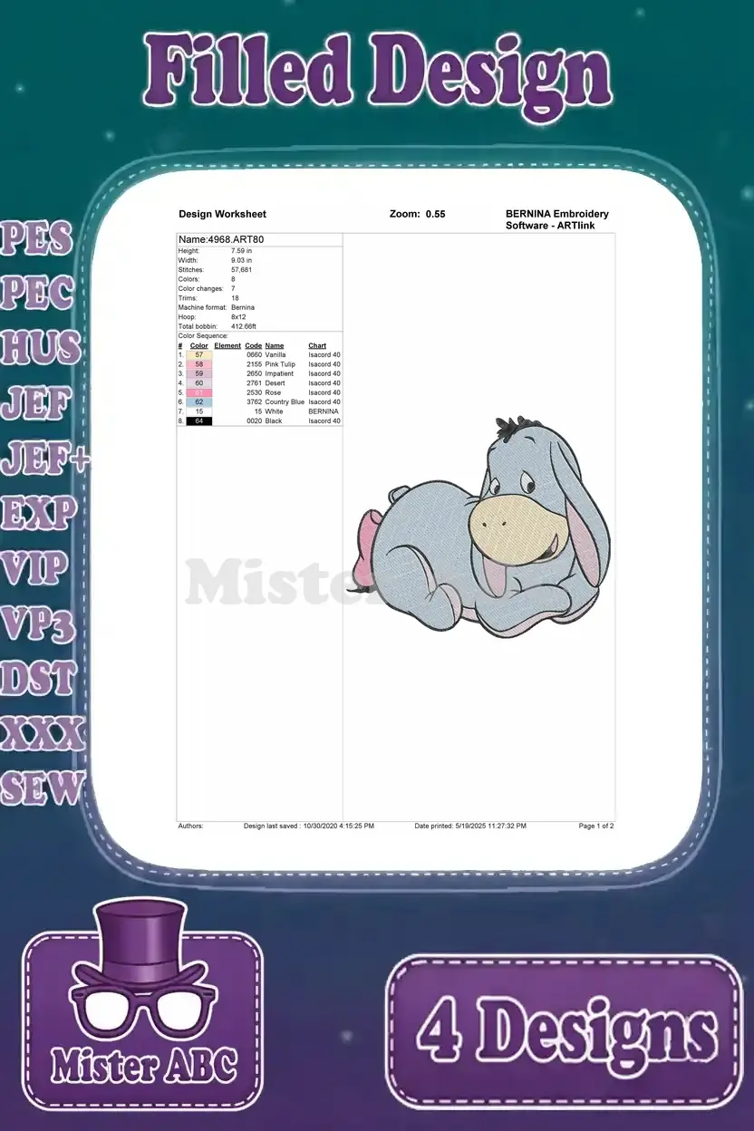 Design worksheet for a filled embroidery of Eeyore lying down, specifying stitch count, colors, and hoop size.