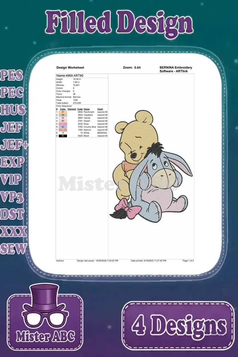 Design worksheet for a filled embroidery of Eeyore with Winnie the Pooh, detailing stitches and colors.