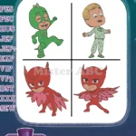 Pj Masks Gekko Green Hero Owlette Red Hero Greg Amaya Flying Climbing Set - Filled Embroidery Design - Instant Download