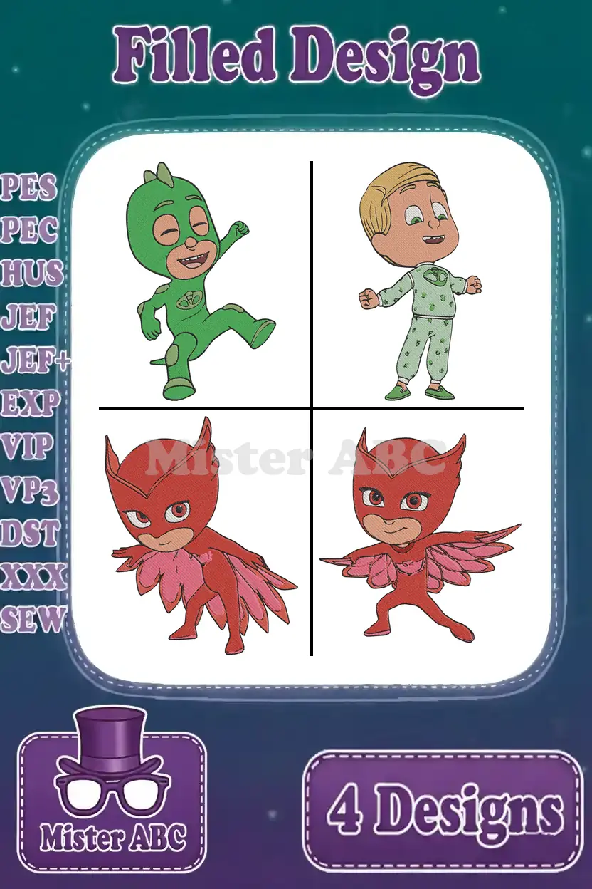 A vibrant PJ Masks filled embroidery design bundle showcasing Gekko, Greg, and two Owlette poses, ready for crafting.