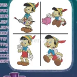 Pinocchio With Bow Arrow Piggy Bank And Various Adventurous Character Poses - Filled Embroidery Design - Instant Download