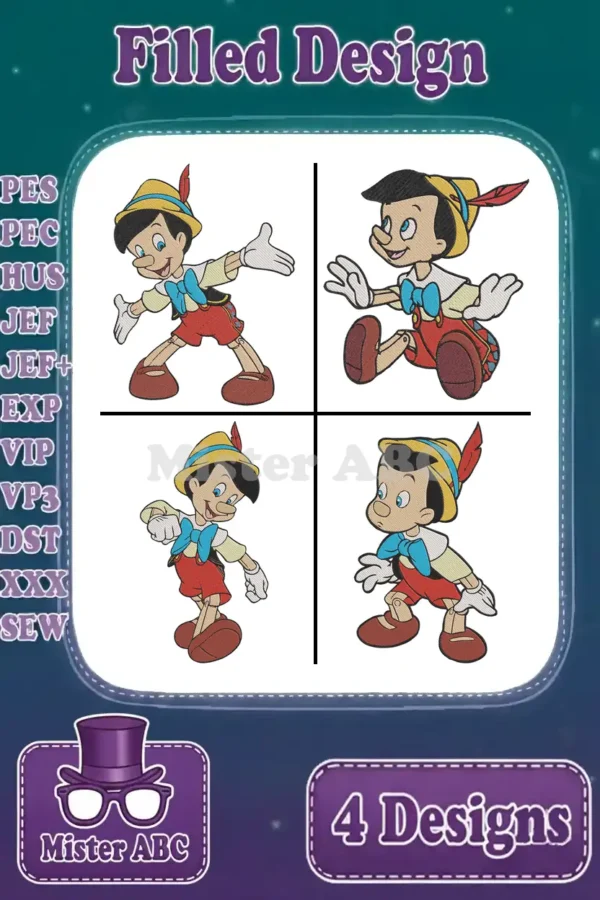 A collage of four unique Pinocchio filled embroidery designs, ready for various machine formats, showcasing different poses.