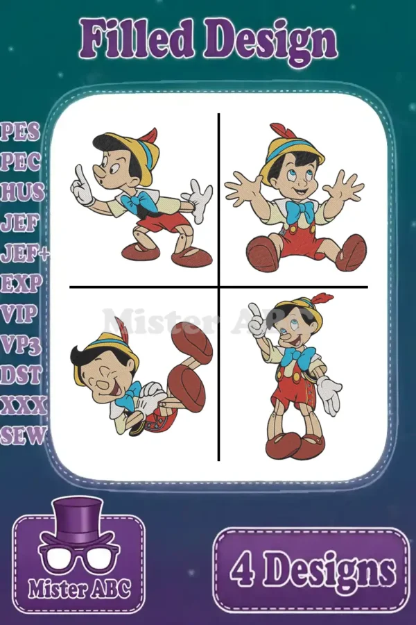 A captivating bundle of four distinct Pinocchio filled embroidery designs, showcasing various playful poses ready for stitching.