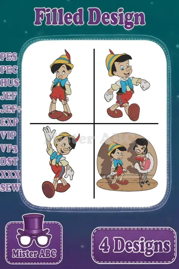 A vibrant display of four filled embroidery designs featuring Pinocchio in various poses, ready for diverse projects.