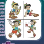 Pinocchio Reading Book Sitting Marching With Apple And Various Boyhood Poses - Filled Embroidery Design - Instant Download