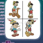 Pinocchio On Scooter Marching With Apple And Other Playful Character Scenes - Filled Embroidery Design - Instant Download