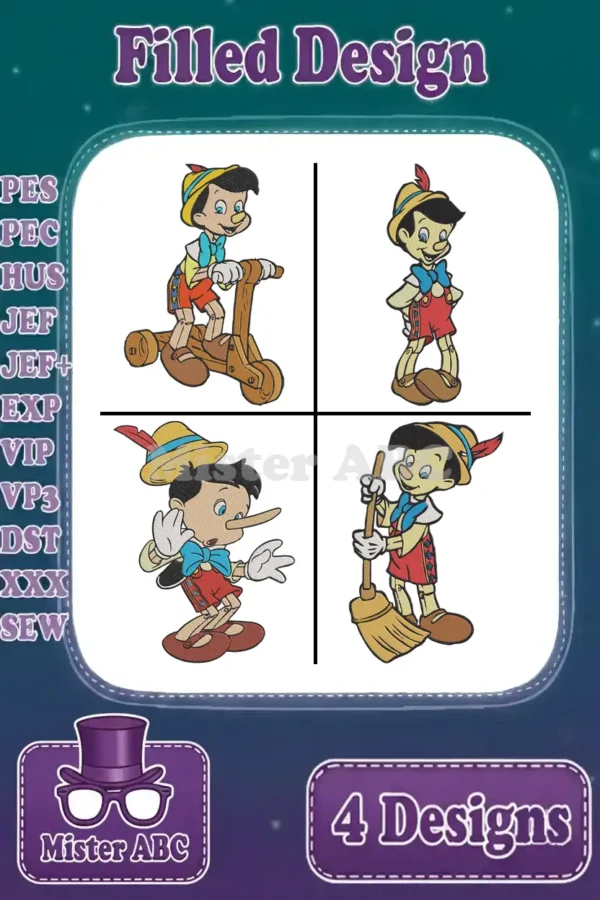A vibrant collection of four filled embroidery designs showcasing Pinocchio in various playful poses, perfect for children's apparel.