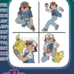 Pokemon Trainer Ash Ketchum With His Pner Pikachu Various Action Poses - Filled Embroidery Design - Instant Download