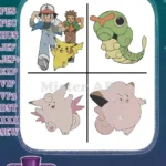 Pokemon Ash Brock Pikachu Caterpie Bug Type And Clefairy Fairy Type Group - Filled Embroidery Design - Instant Download