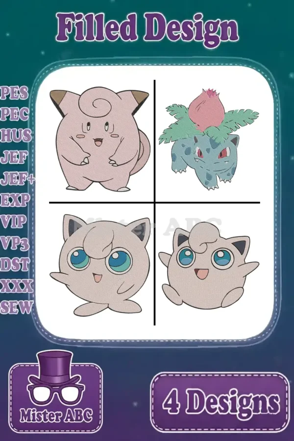 Four adorable filled embroidery designs: Clefairy, Bulbasaur, Jigglypuff, and Igglybuff, showcasing vibrant colors and crisp details.