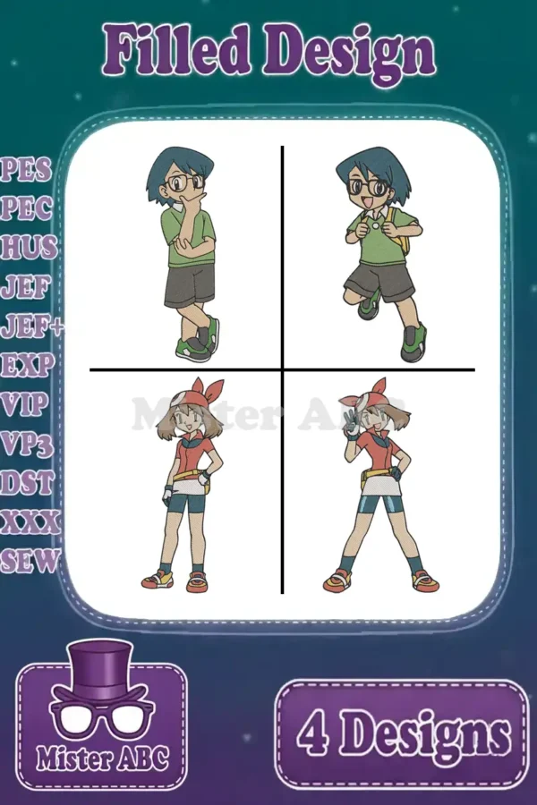 Main image: Four vibrant filled embroidery designs of Pokémon characters Max and May in different poses, highlighting supported formats.
