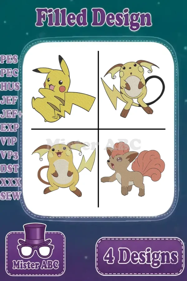 A vibrant embroidery bundle displaying four beloved Pokémon: Pikachu, two Raichu designs, and a charming Vulpix, all filled stitches.