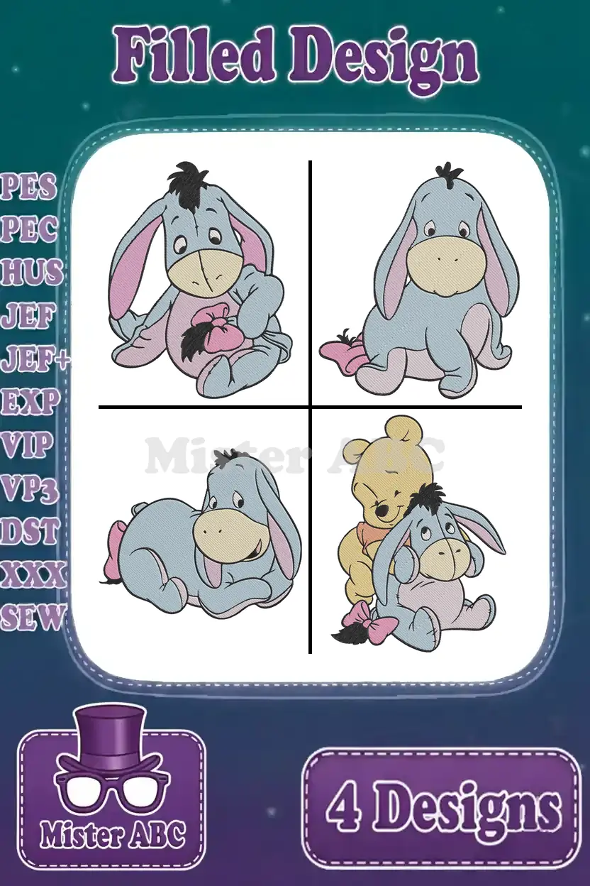 Main image showing four Eeyore filled embroidery designs, including one with Winnie the Pooh, and supported file types.