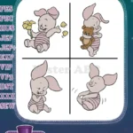 Winnie The Pooh Piglet With Flower And Winnie The Pooh Bear Playful Poses - Filled Embroidery Design - Instant Download