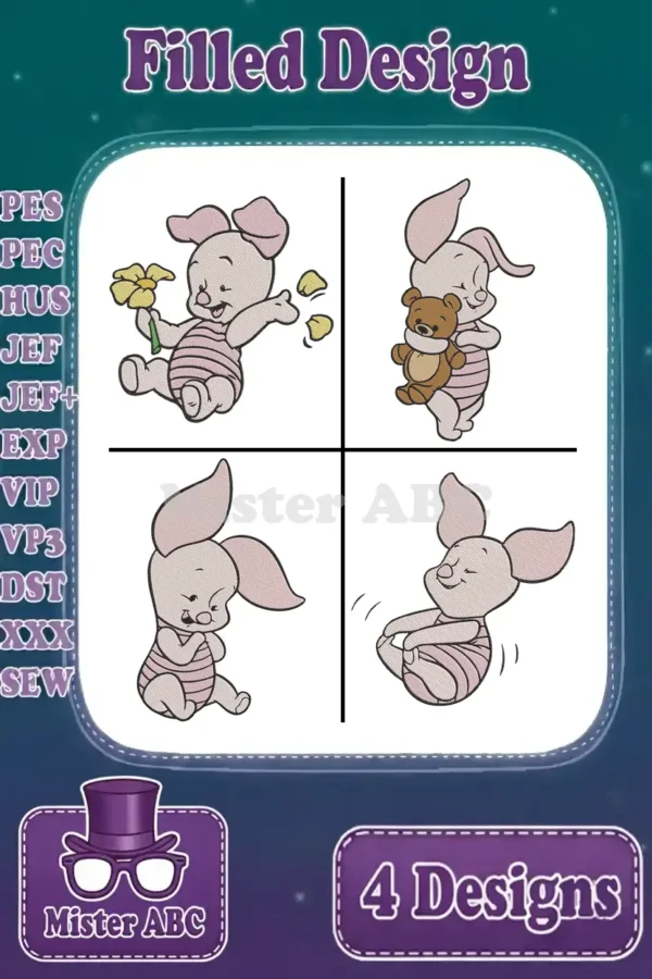 A collection of four adorable filled embroidery designs featuring Piglet in various playful poses, ideal for children's items.