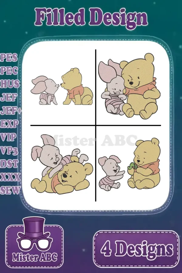 A vibrant image displaying four distinct filled embroidery designs featuring Winnie the Pooh and Piglet together.
