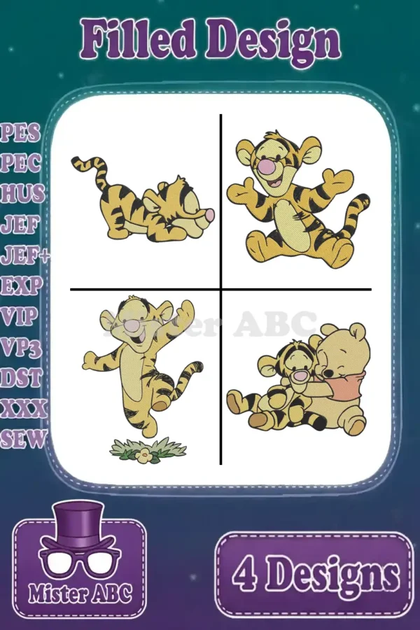 A bundle of four vibrant filled embroidery designs featuring Tigger in various poses and with Winnie the Pooh.