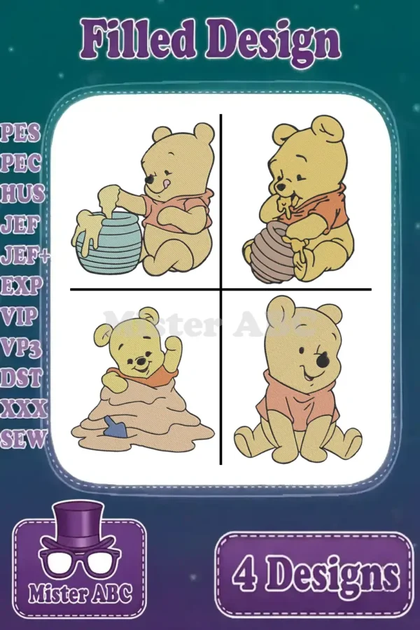 Four charming filled embroidery designs of Winnie the Pooh in various poses, including with honey and wrapped up.