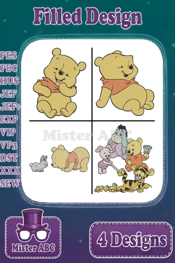 A vibrant embroidery bundle featuring four filled designs of Winnie the Pooh and his friends in various poses.