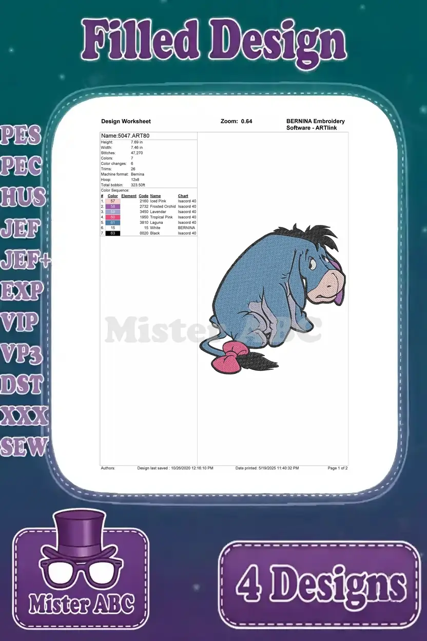 Detailed design worksheet for an Eeyore embroidery design, showing stitch count, color changes, and thread information.