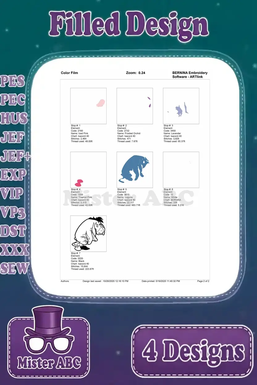 Color film breakdown for an Eeyore sitting embroidery design, showing the sequence of color stops and stitch progression.