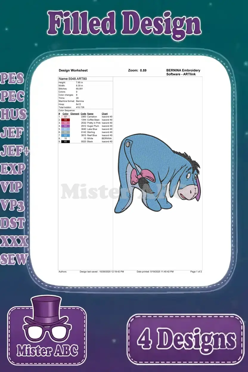 Detailed design worksheet for an Eeyore embroidery design, showing stitch count, color changes, and thread information.