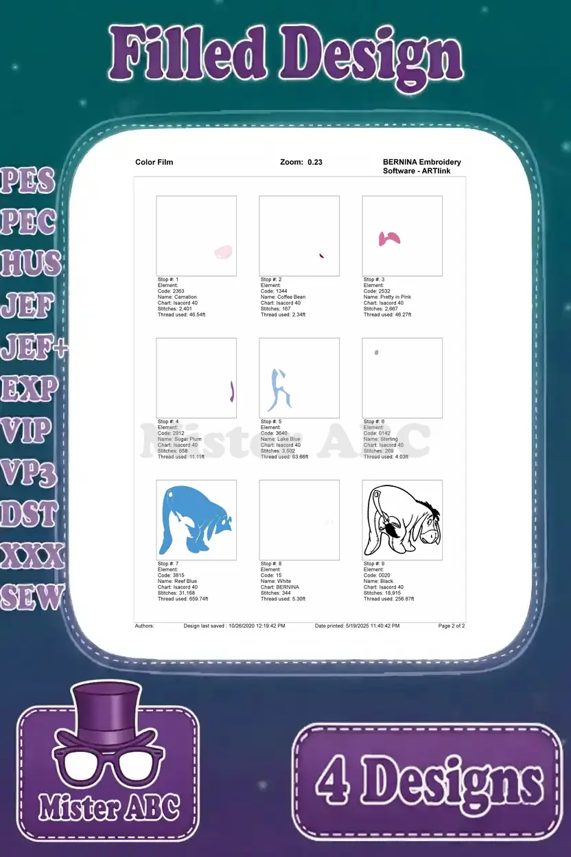 Color film breakdown for an Eeyore looking back embroidery design, showing the sequence of color stops and stitch progression.