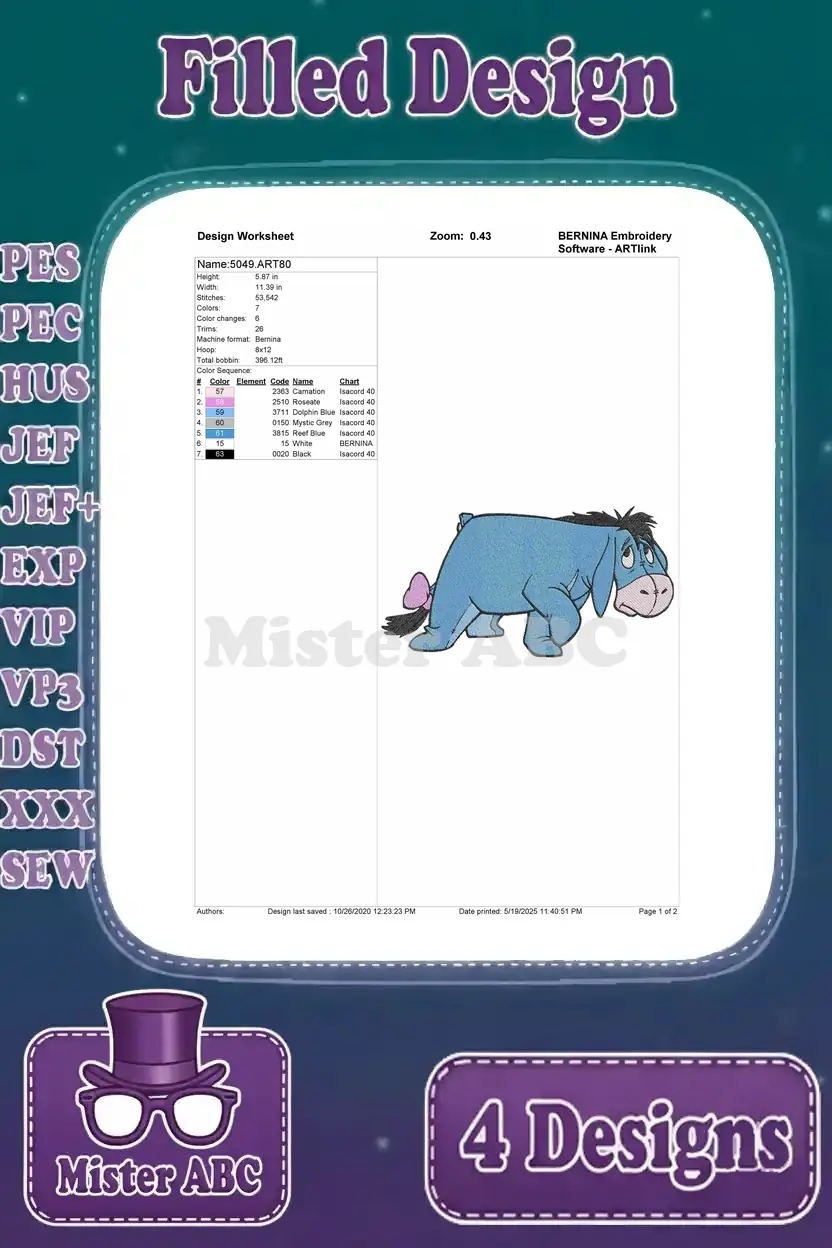 Detailed design worksheet for an Eeyore embroidery design, showing stitch count, color changes, and thread information.
