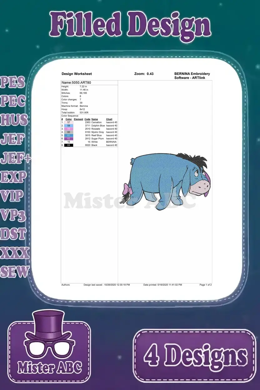 Detailed design worksheet for an Eeyore embroidery design, showing stitch count, color changes, and thread information.