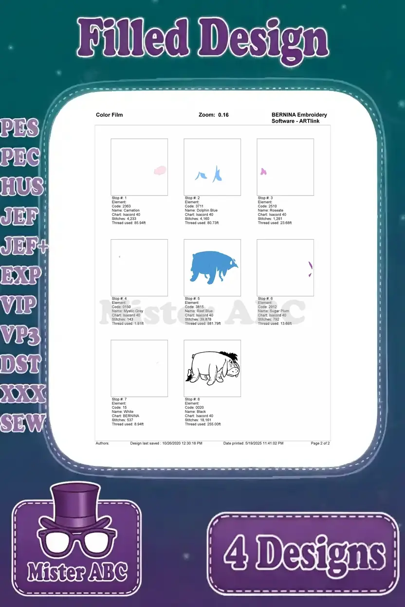 Color film breakdown for an Eeyore lying down embroidery design, showing the sequence of color stops and stitch progression.