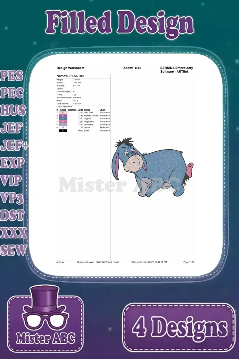 Detailed design worksheet for the first Eeyore filled embroidery design, showing stitch count and color sequence.